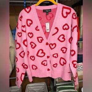 Pink/red hearts cardigan button down sweater, medium, NWT